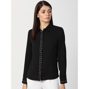 Van Heusen Shirt Womens XL Black White  Long Sleeve Blouse Top 100% Polyester